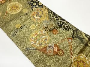 楽器に鴛鴦・鳳凰模様織出し袋帯